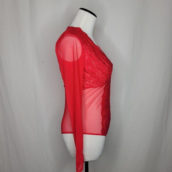 INC International Concepts Not So Basic LS Lace Mesh Bodysuit Red NWT $50 Large - Picture 9 of 12